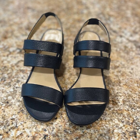 Talbots Black Pebble Leather Sandals with Fabric Wedge Heel - Picture 2 of 4